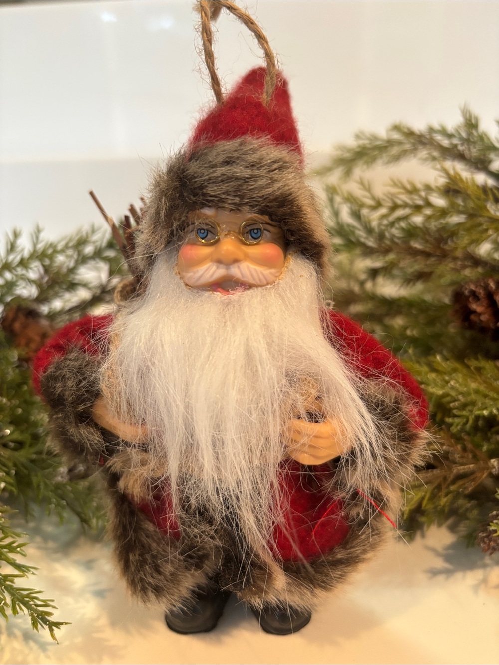 Vintage Red Santa Claus plastic mold Ornament with Faux Fur Trim